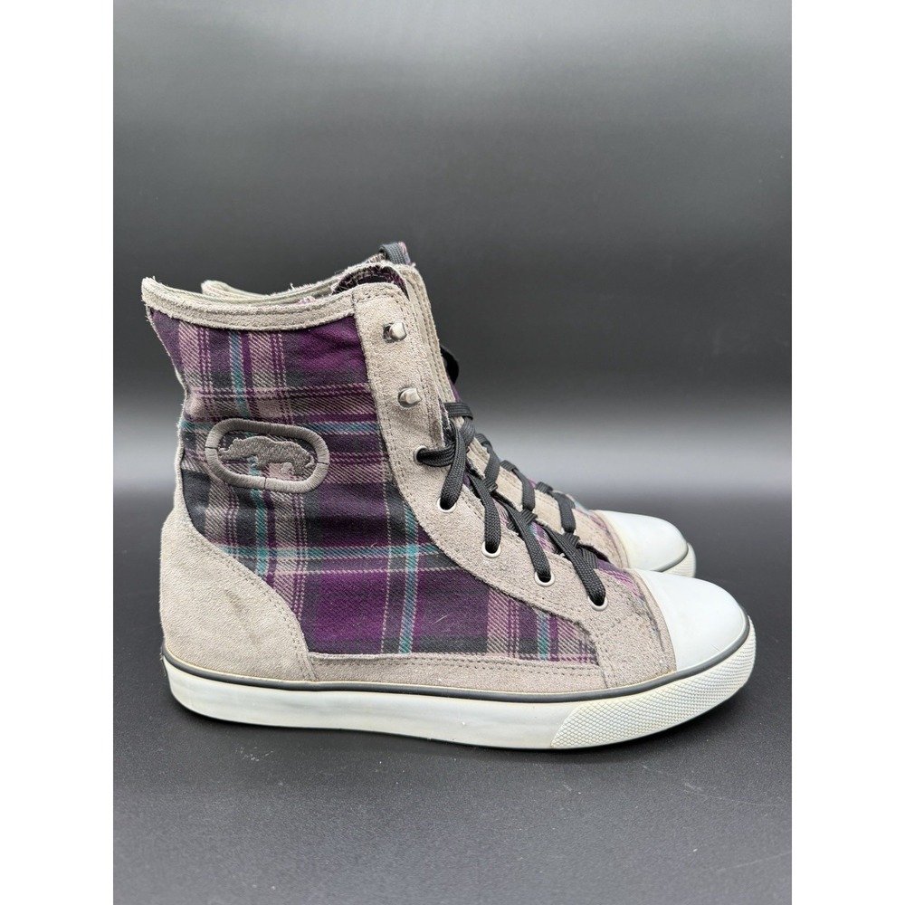 Red by Marc Ecko High Top Plaid Shoes Womens Size 8.5 Purple Gray Teal
